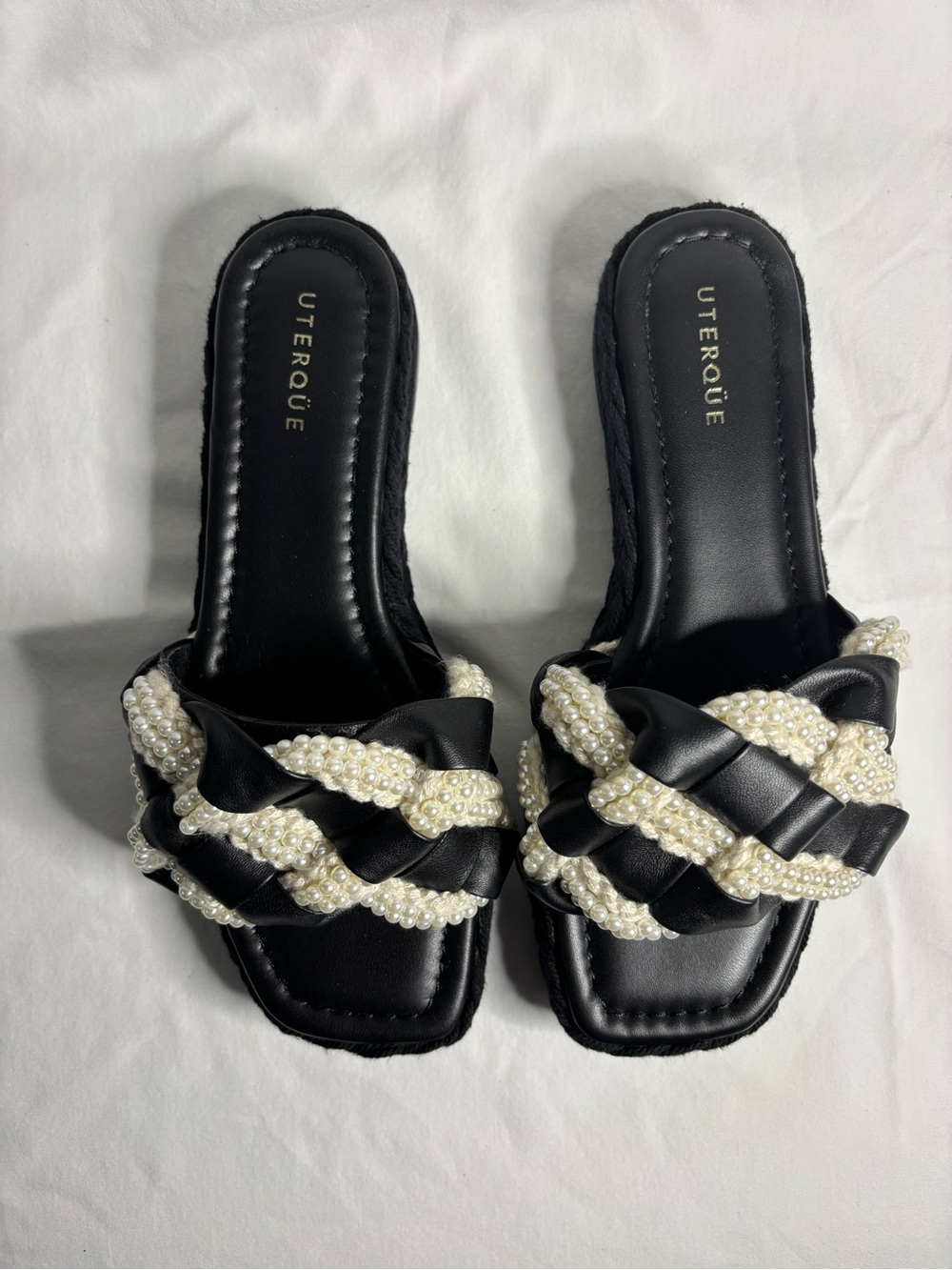 Uterqüe Black Slide Sandals with Pearl Braids